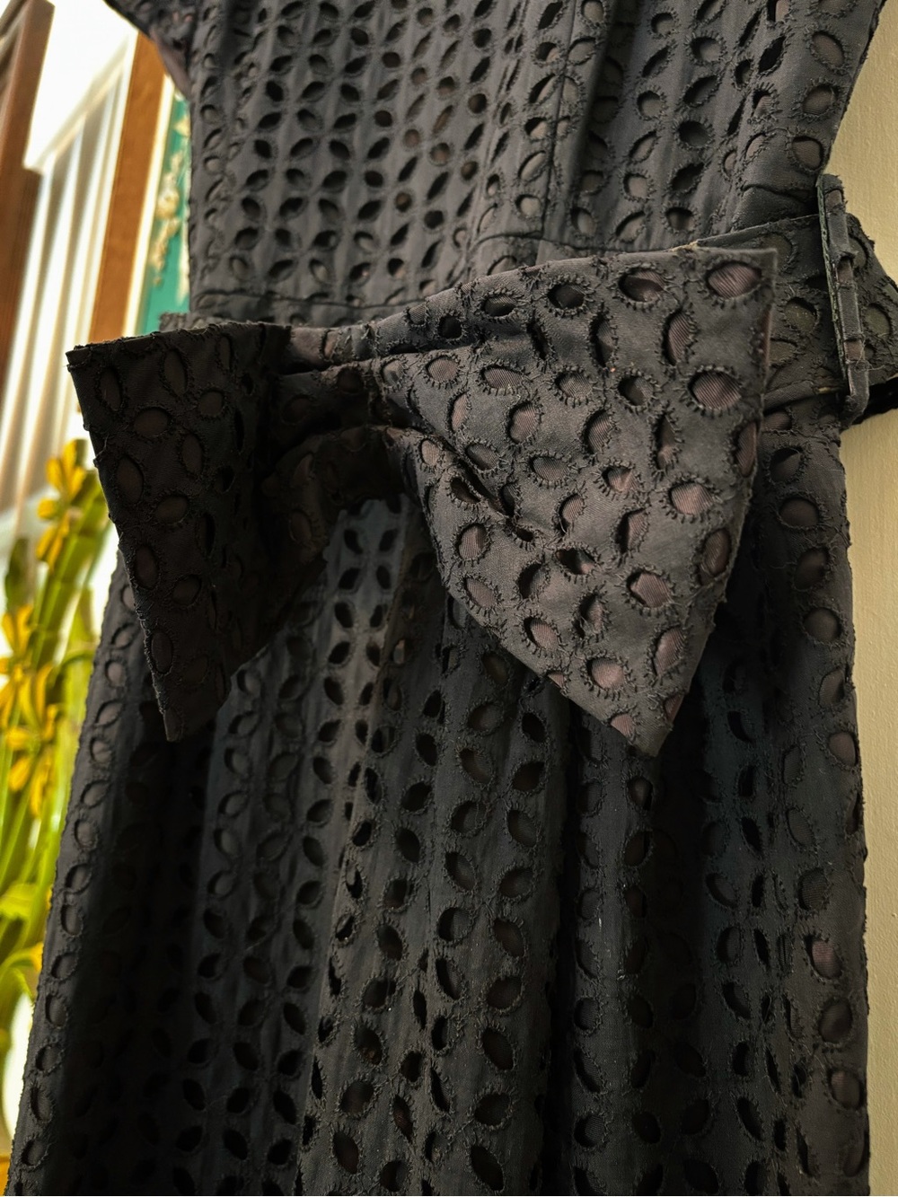 Stunning Vintage 1950s Black Eyelet Cocktail Dress with Bow Belt